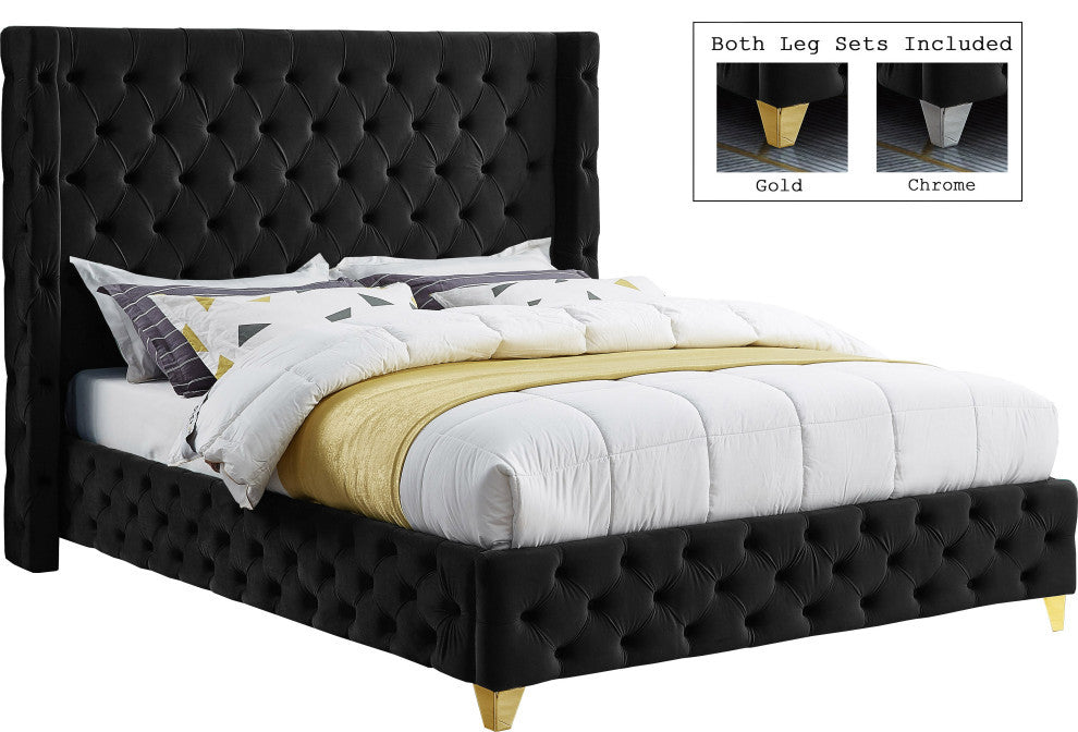 Savan Velvet Upholstered Bed, Black, Full