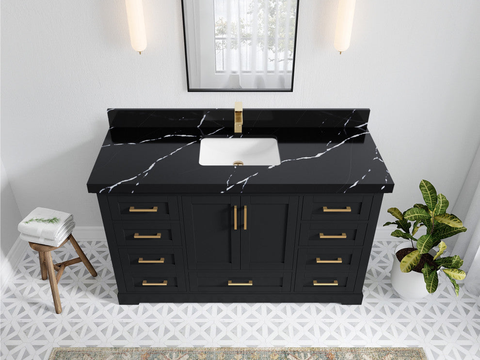 Boston 60" Single Bathroom Vanity, Wrought Iron 2" Calacatta Black