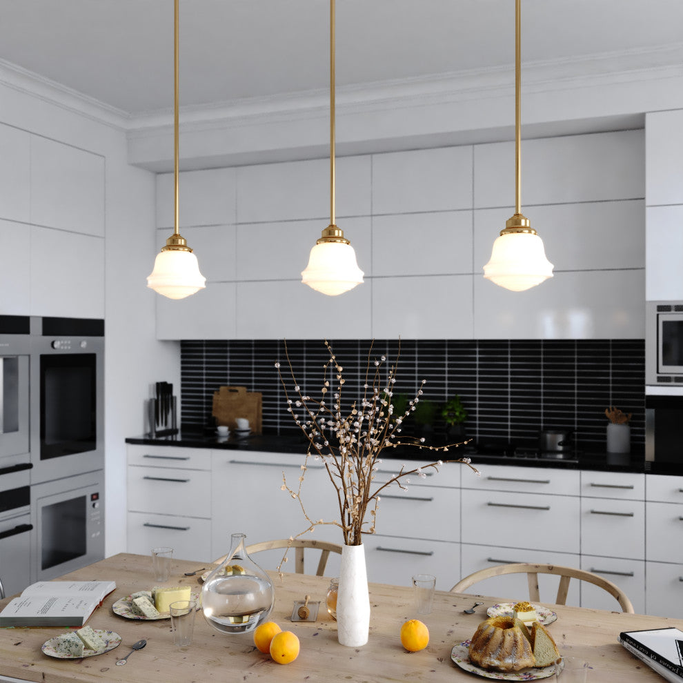 Huntley Gold Brass Farmhouse Mini Pendant Ceiling Light White Schoolhouse Glass