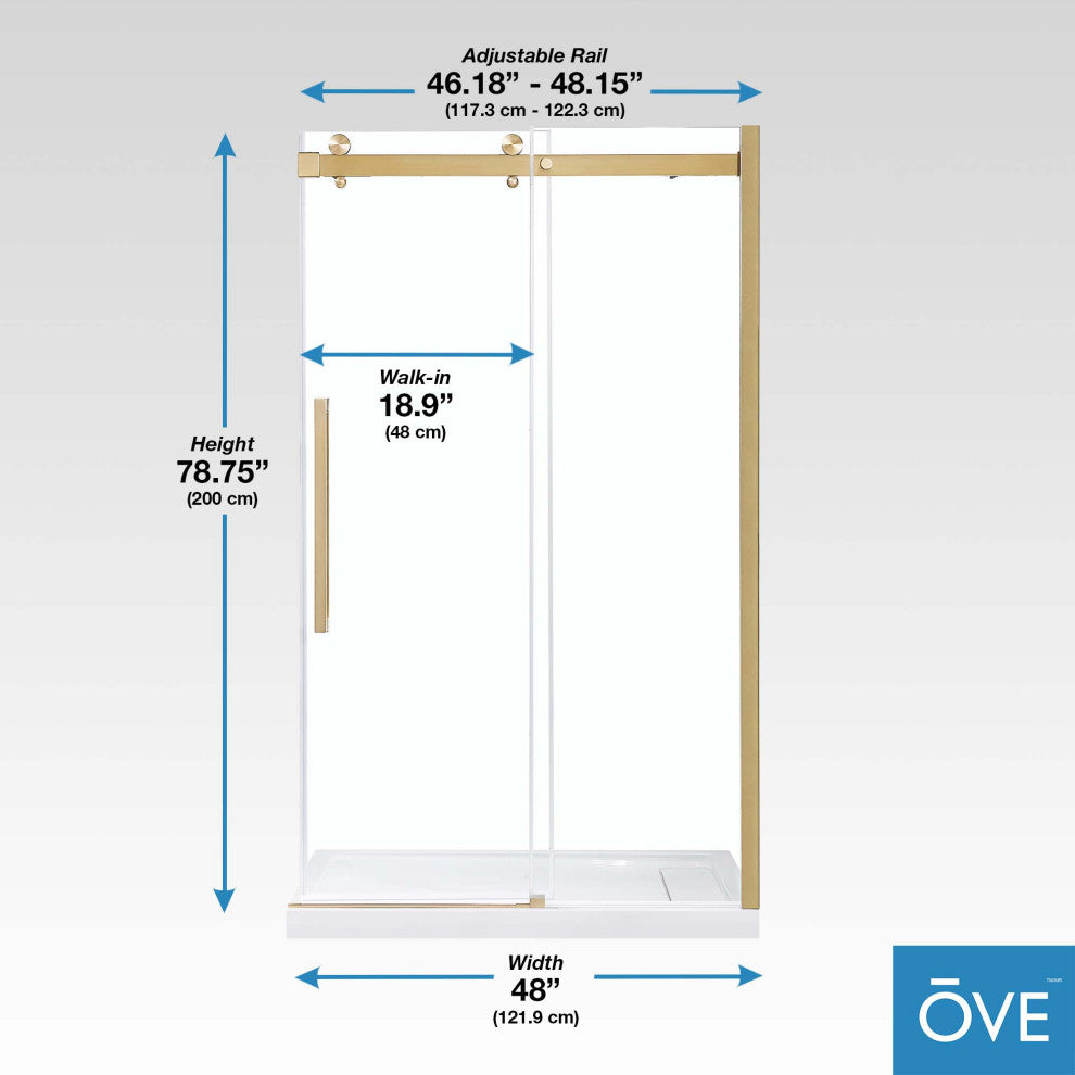 Bel Soft-Close Frameless Sliding Soft Close Shower Door, Gold, 48"