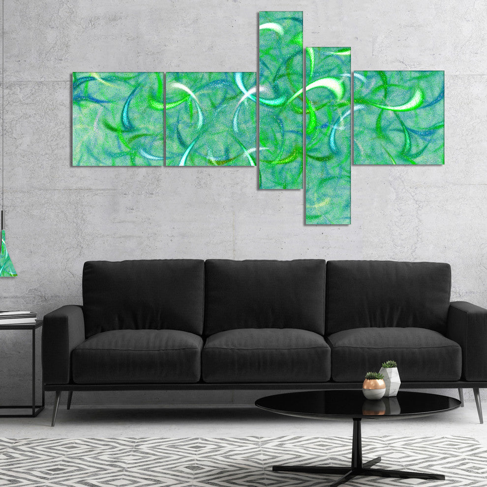 Green Watercolor Fractal Pattern, Abstract Art on Canvas, 60"x32", 5 panels