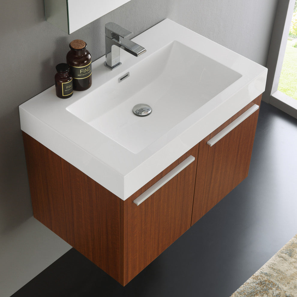 Fresca Vista 30" Teak Wall Hung Modern Bathroom Vanity With Medicine Cabinet