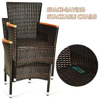 9PCS Patio Rattan Dining Set  8 Chairs Cushioned Acacia Table Top