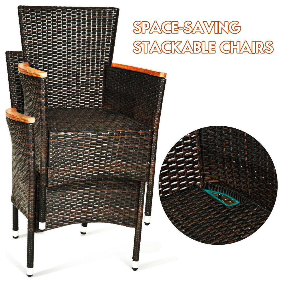 9PCS Patio Rattan Dining Set  8 Chairs Cushioned Acacia Table Top