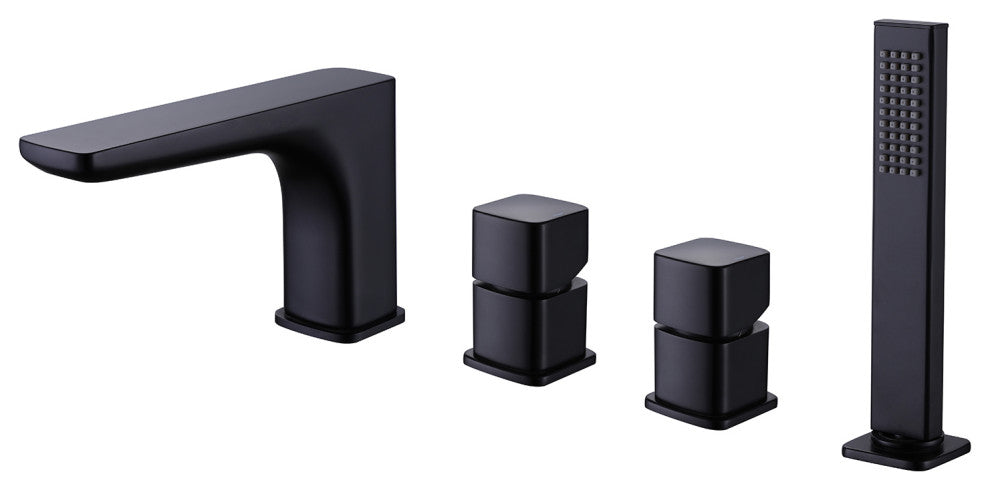Deck Mount Roman Dual Handles Tub Faucet with Hand Shower, Matte Black