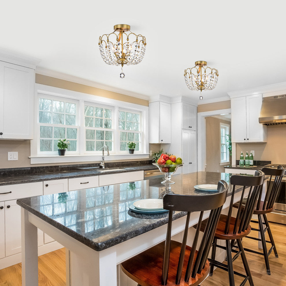 3-Light Vintage Brass Semi Flush Mount With Crystals