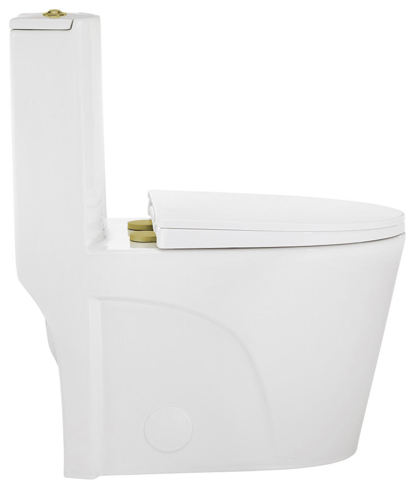 St. Tropez Elongated Toilet, Dual Vortex Flush, Glossy White With Gold Hardware