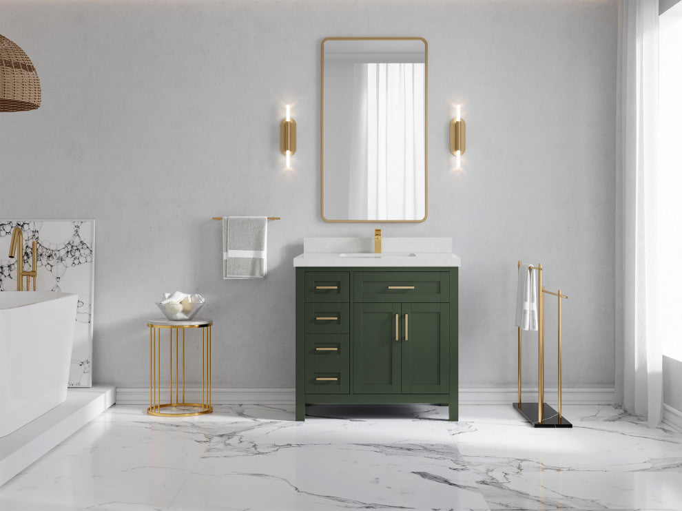 Cambridge 36 Center Sink Bath Vanity in Pewter Green 2" Carrara Quartz