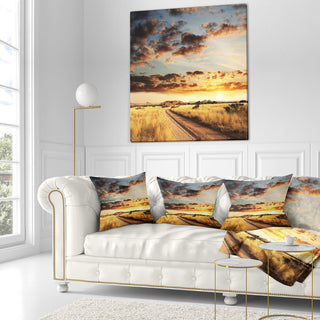 Cloudy African Prairie With Pathway Landscape Printed Throw Pillow, 16"x16"