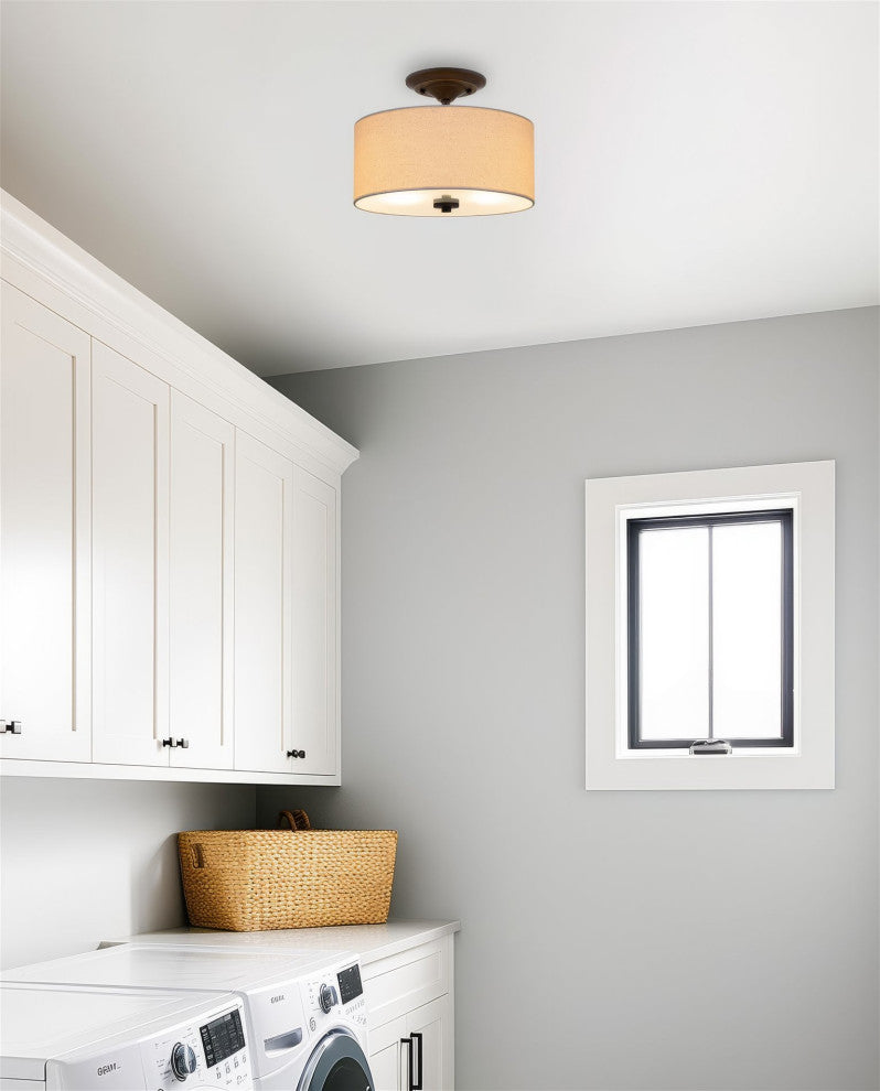 Kira Home Addison 13" Ceiling Light, Off-White Fabric Drum Shade, Bronze