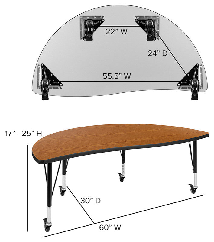 3 Mobile Piece 86" Oval Wave Activity Table Set - Standard Height Adj Legs, Oak