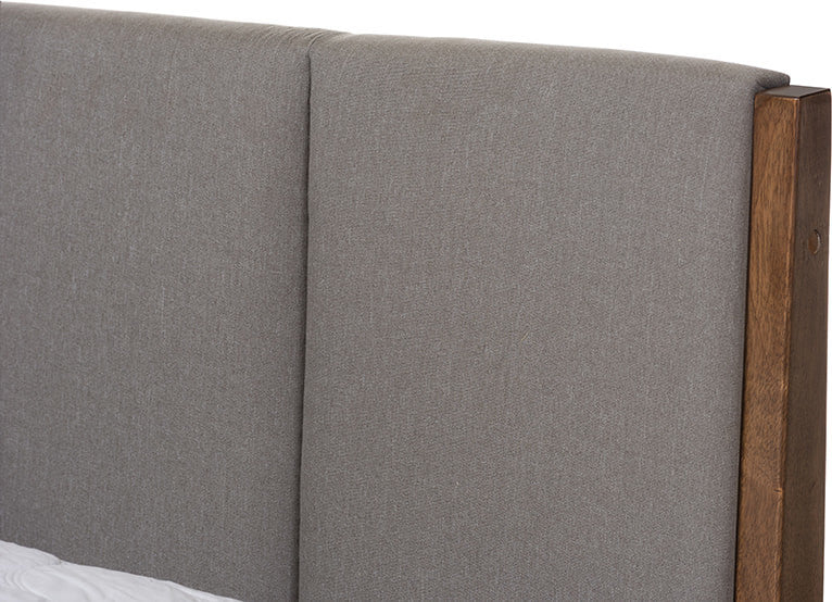 Ember Light Gray Fabric and Medium Brown Finish Wood King Size Platform Bed