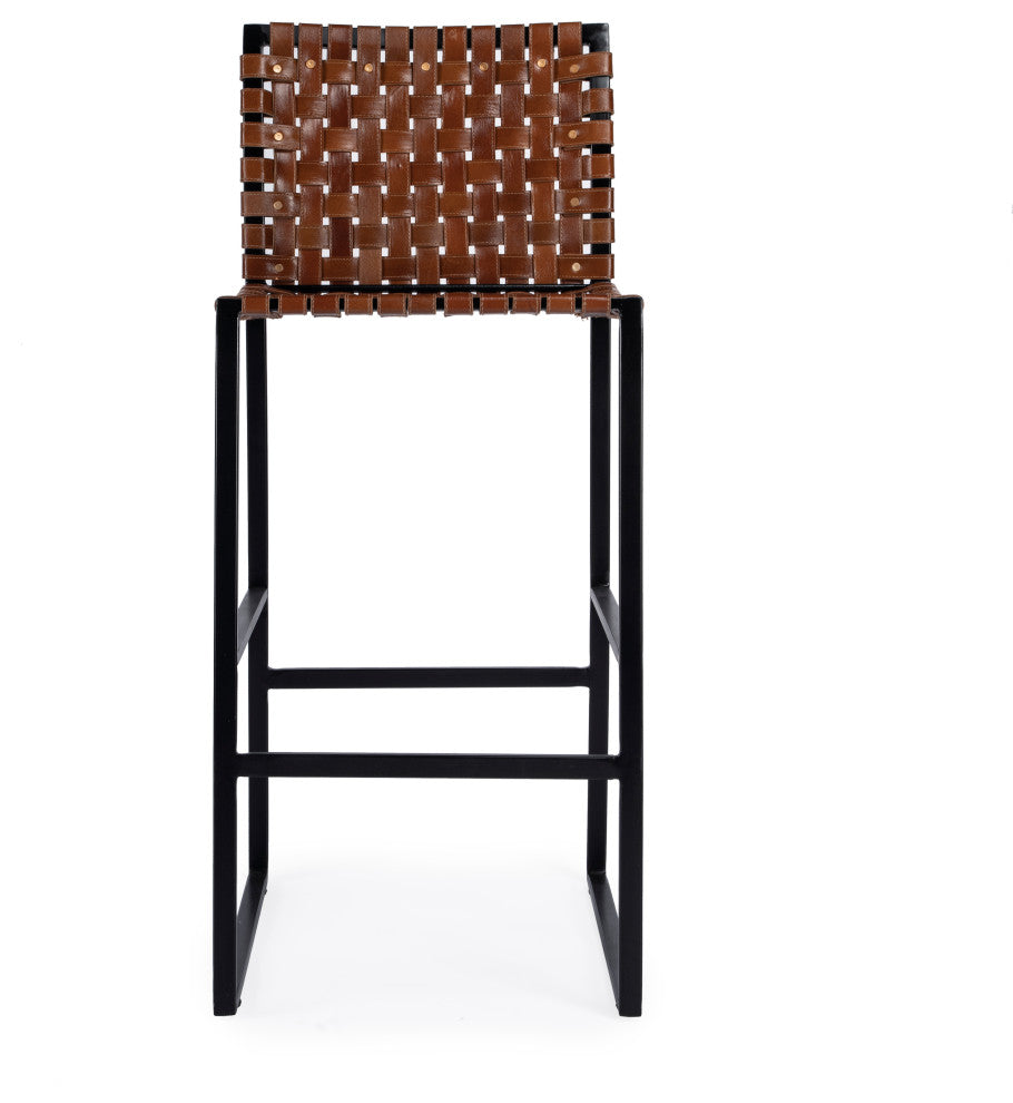 Urban Woven Genuine Leather Rectangular  28" Barstool, Brown