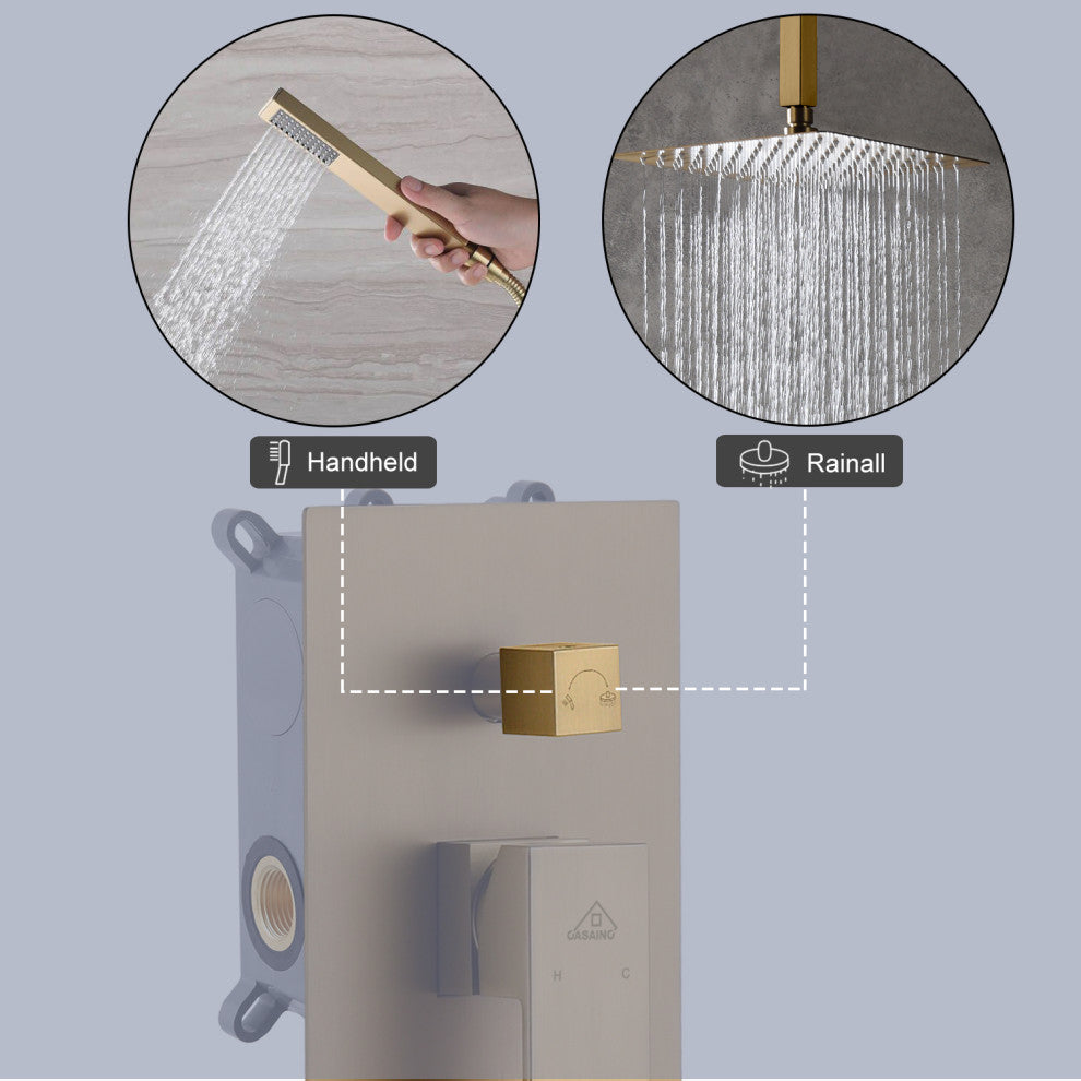 CASAINC 10" Ceiling Mount Dual Rainfall Shower Head Shower System Kit, Brushed Gold