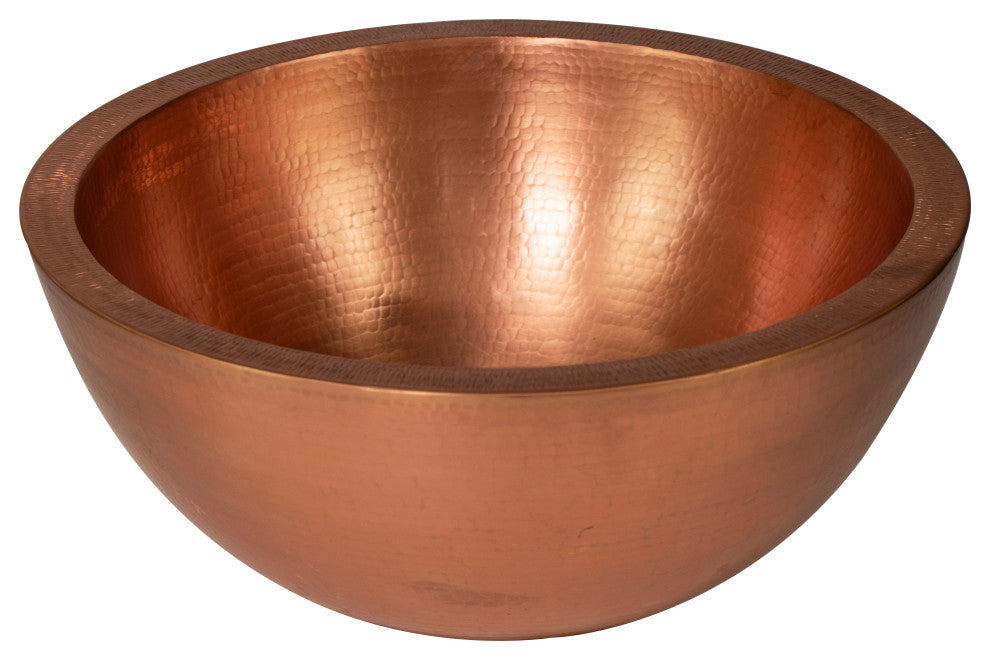 17" Round Vessel Double Wall Hammered Copper Bathroom Sink, 18 Gauge