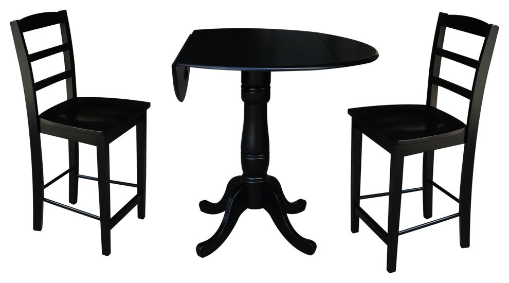 42" Round Pedestal Gathering Height Table with 2 Counter Height Stools, Black