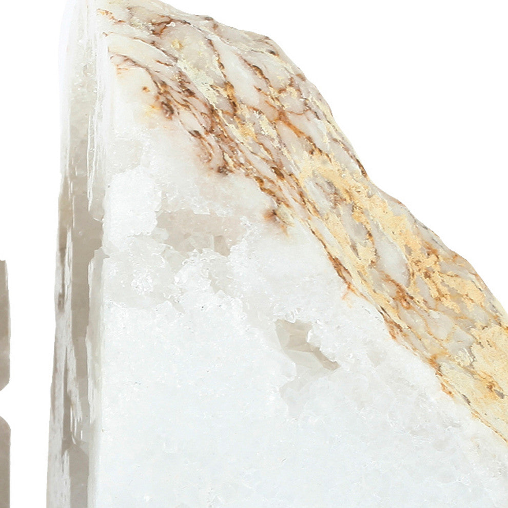 Benzara BM285560 5" Natural White Stone Bookends, Artisanal Textured Geode Rock