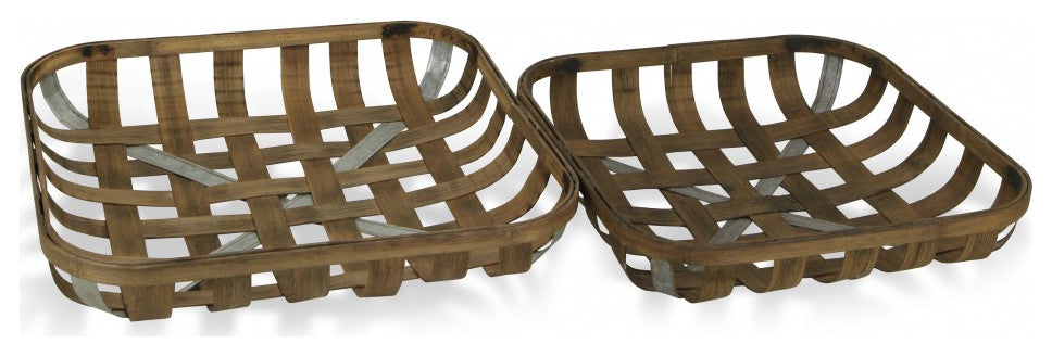 Set of Two Wood and Metal Lattice Weave Baskets