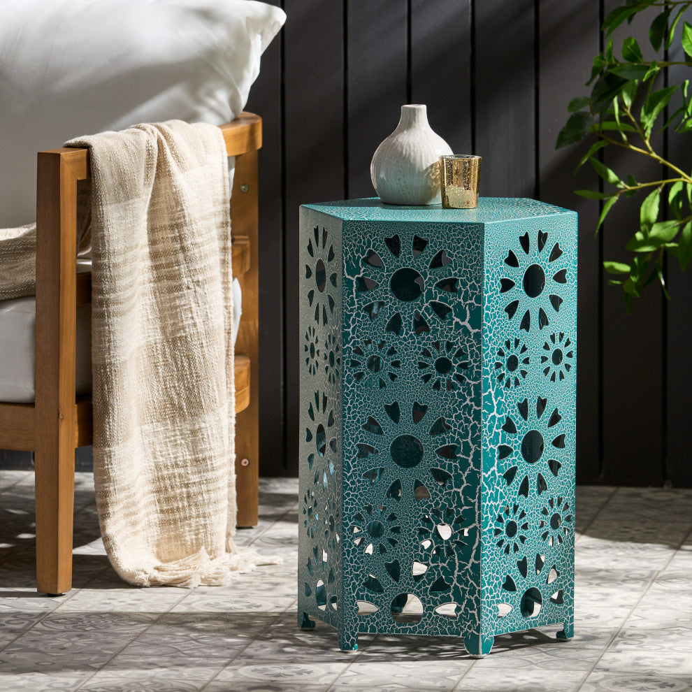 GDF Studio Elliot Outdoor 14" Sunburst Iron Side Table, Crackle Teal