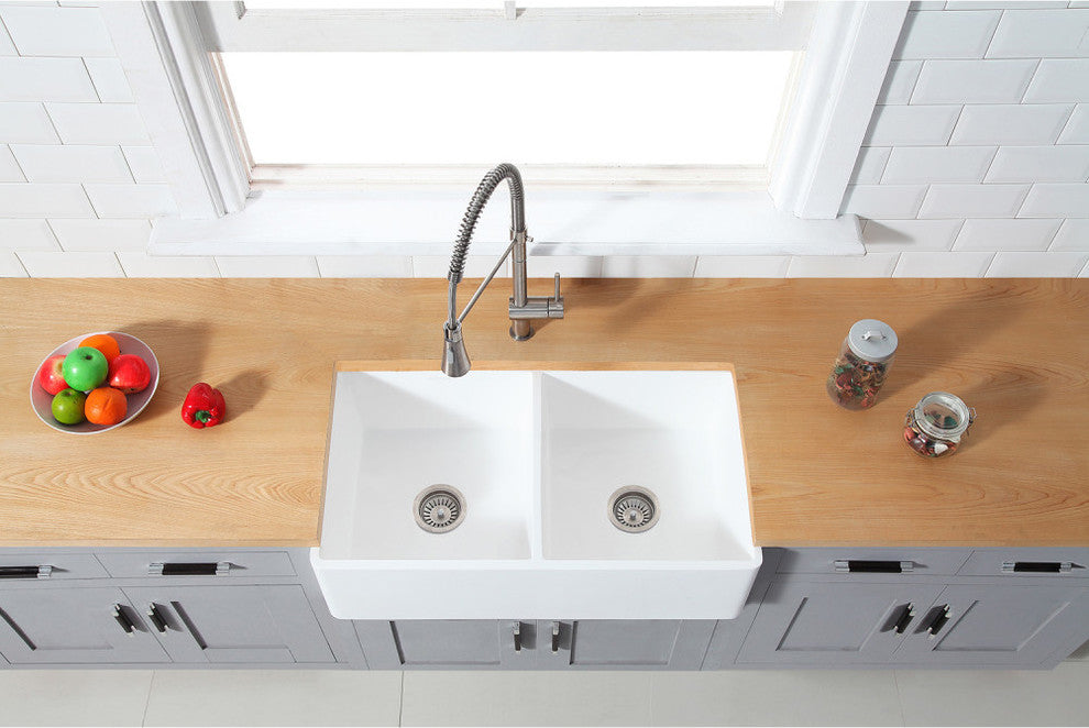 Gourmetier Double Bowl Farmhouse Kitchen Sink, Matte White