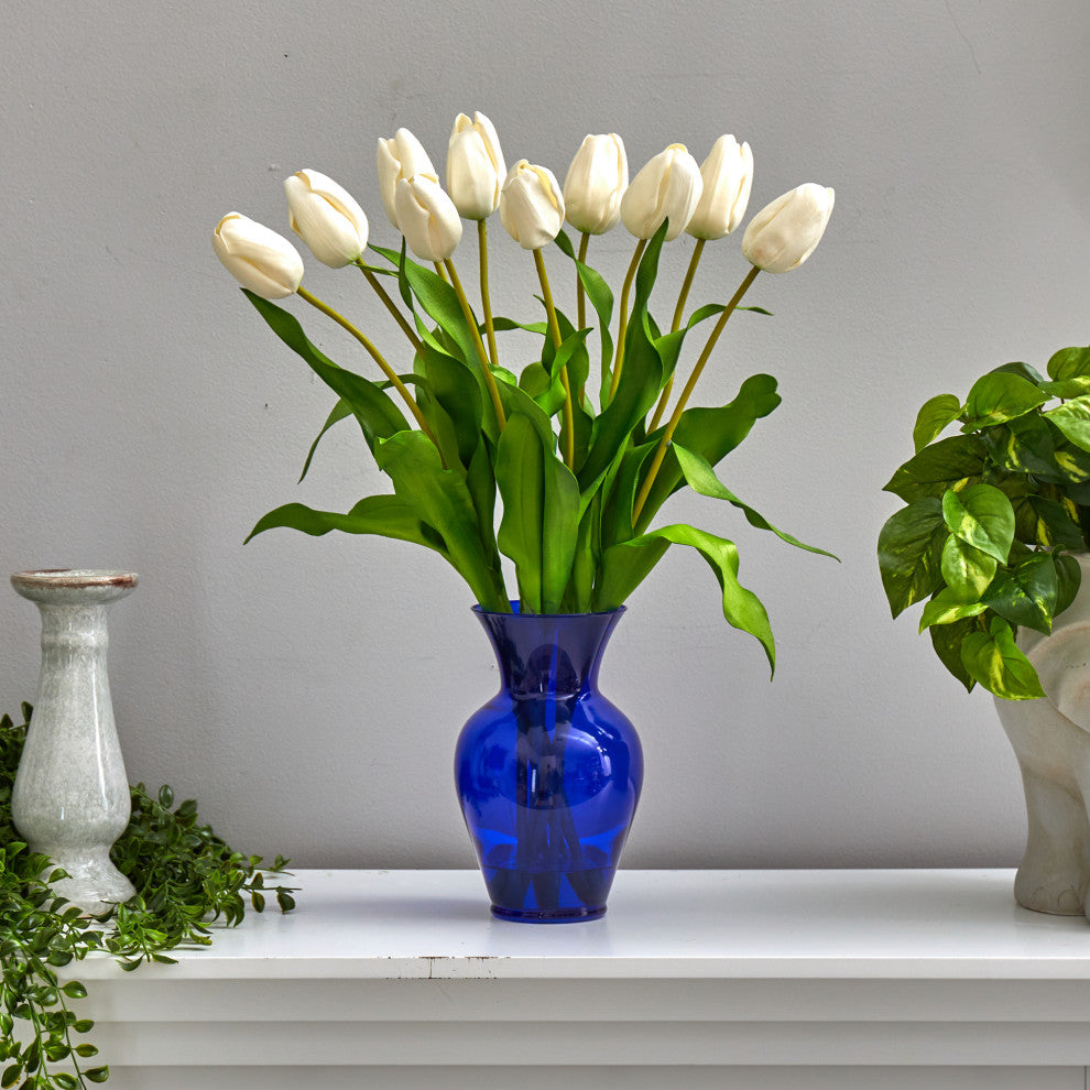 22" Dutch Tulip Artificial Arrangement, Blue Colored Vase