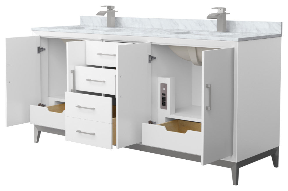 Amici 72" White Double Vanity, White Carrara Marble Top, Brushed Nickel Trim