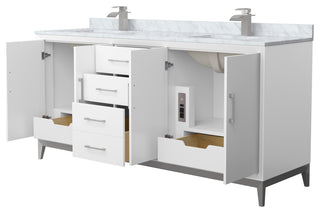 Amici 72" White Double Vanity, White Carrara Marble Top, Brushed Nickel Trim