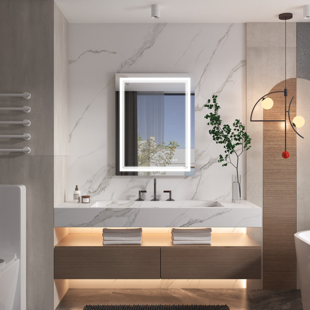 Frameless LED Lighted Bathroom Mirror With Defogger Dimmer, 28"x36"