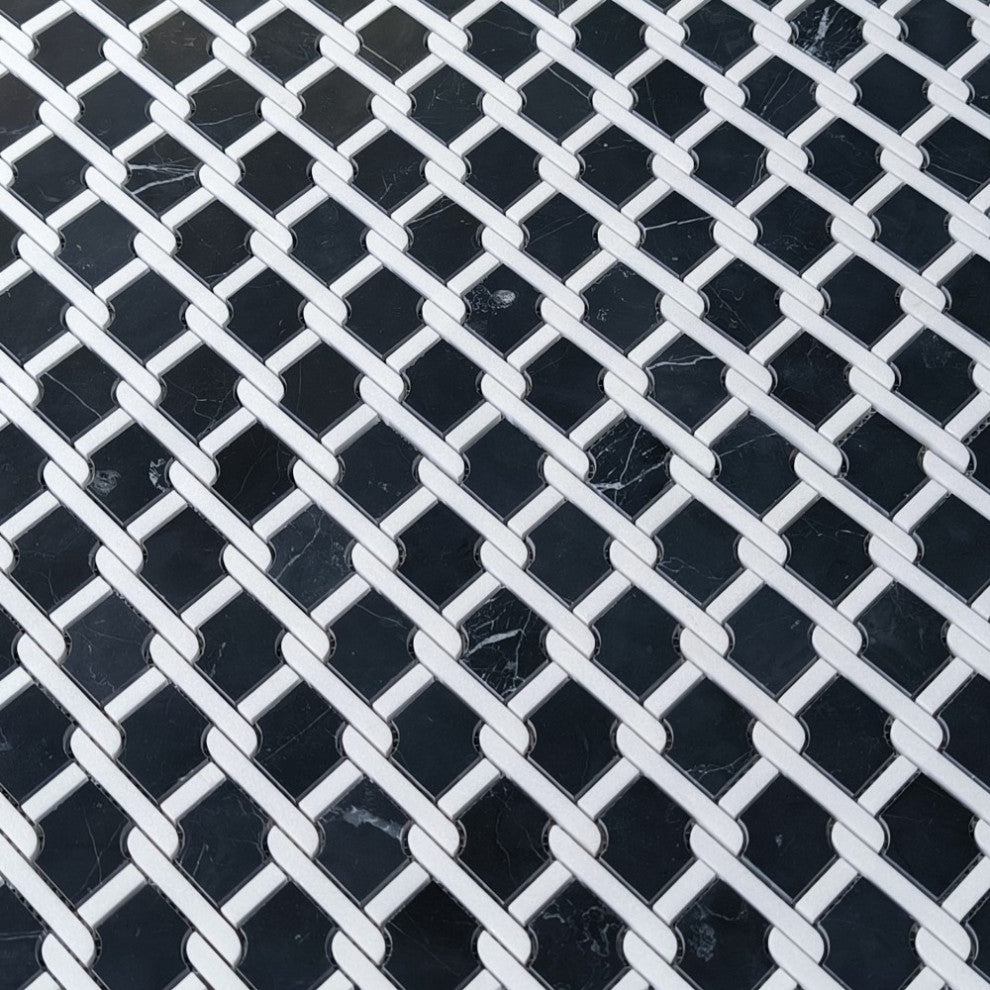 Nero Marquina Black Marble Princess Weave Rope Mosaic Tile White Honed