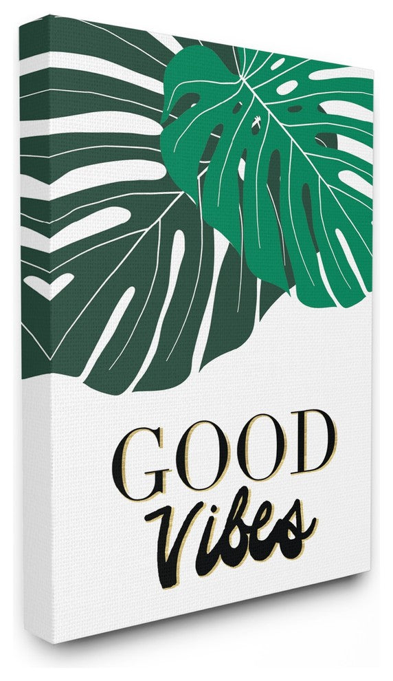 Good Vibes Tropical Monstera Typography Stretched Canvas Wall Art, 16"x20"