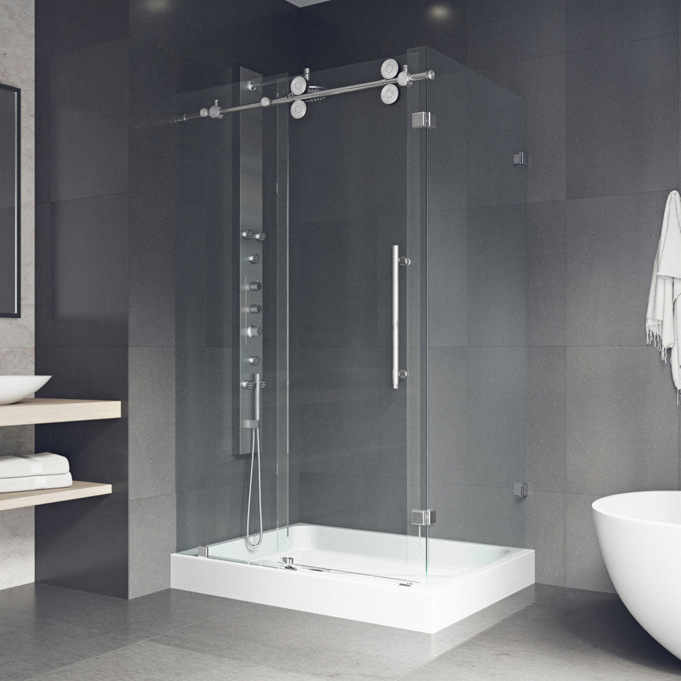 VIGO Winslow Frameless Sliding Shower Enclosure, Chrome, 36" D X 48" W X 80" H, Left Drain Base