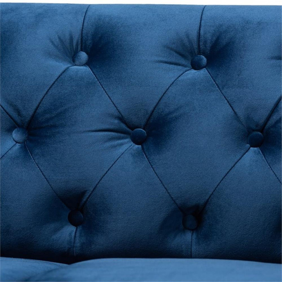 Bowery Hill Navy Blue Velvet Upholstered Button Tufted Chesterfield Sofa