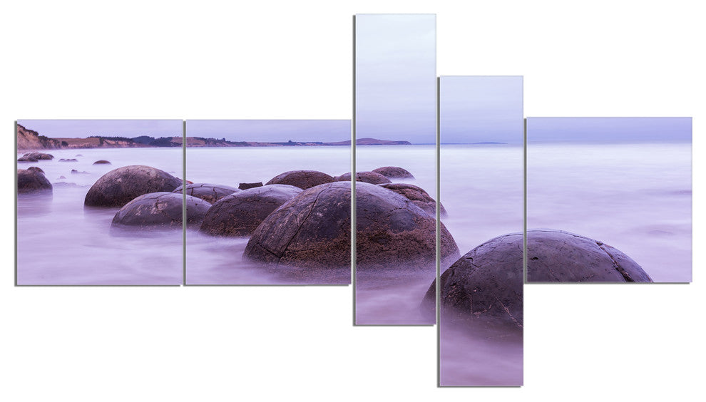 Moeraki Boulders New Zealand, Seashore Photo Canvas Art Print, 60"x32", 5 panels