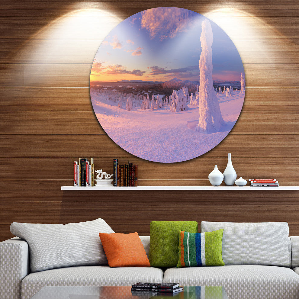 Frozen Trees On Mountain Panorama, Landscape Disc Metal Wall Art, 36"