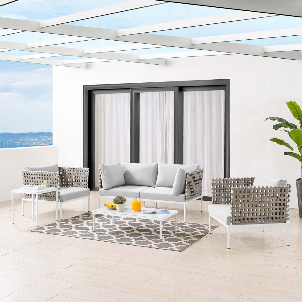 Lounge Sectional Sofa Chair Table Set, Sunbrella, Aluminum, Gray, Outdoor
