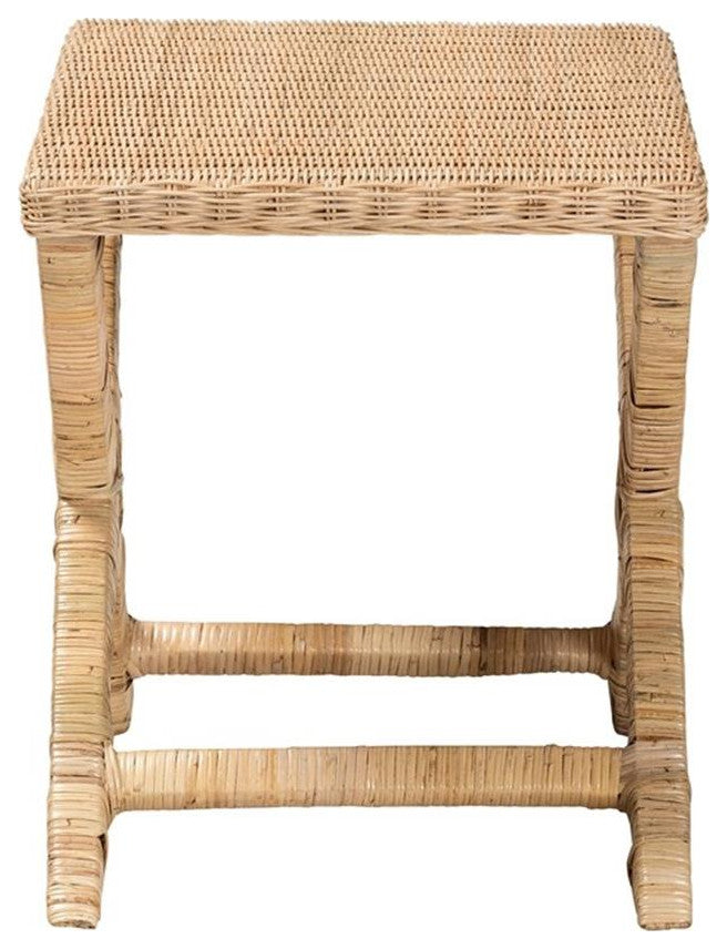Farica Modern Bohemian Natural Rattan And Mahogany Accent Bench