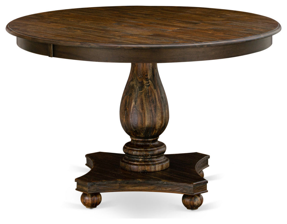 Round Dining Table, Rustic Rubberwood Table, Distressed Jacobean Finish, 48"