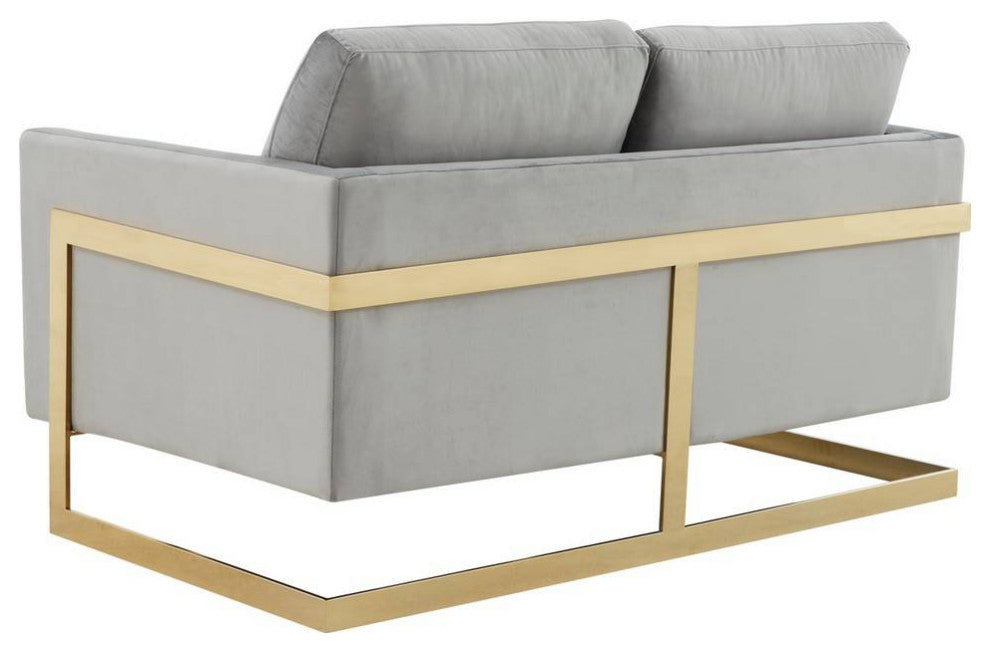 LeisureMod LA55LGR Lincoln Light Grey Mid-Century Velvet Loveseat Gold Frame