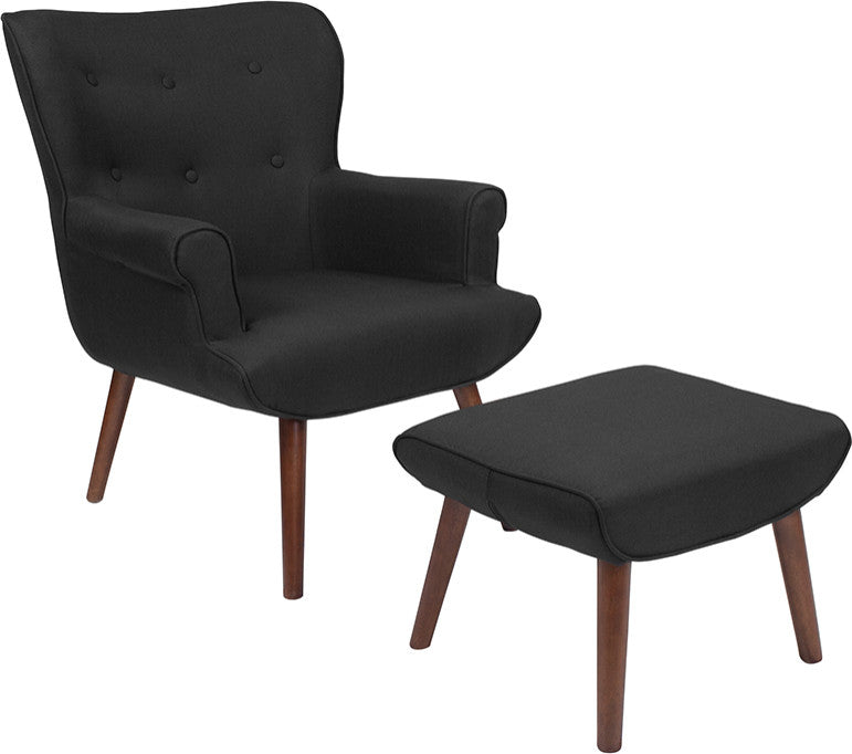 Bayton Upholstered Wingback Chair With Ottoman In Black Fabric
