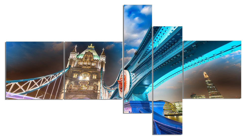 Night over Tower Bridge in London, Cityscape Photo Canvas Art, 60"x32", 5 panels