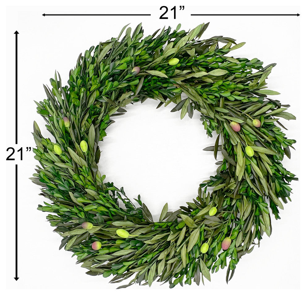Preserved Decorative Real Boxwood Leaf and Olive Leaf Wreath 21" Green