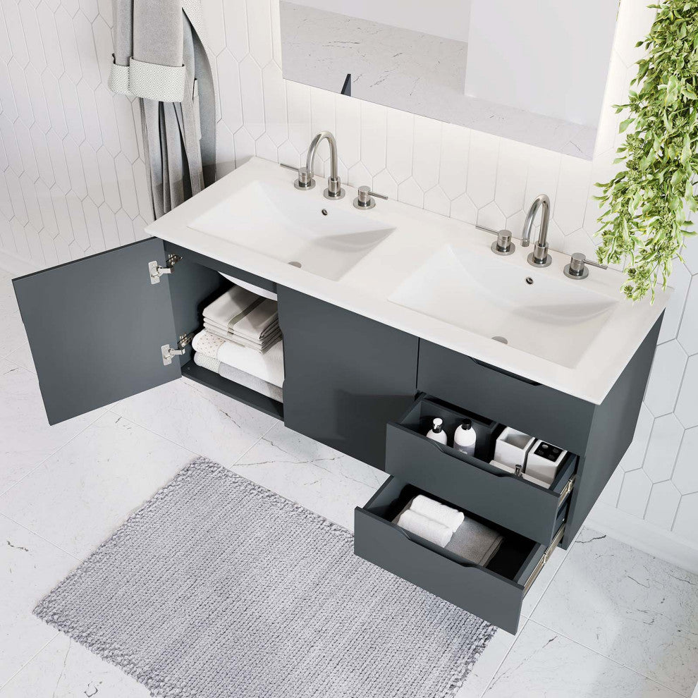 Double Sink Vanity Cabinet, White Gray, Ceramic, Modern, Hotel Bathroom