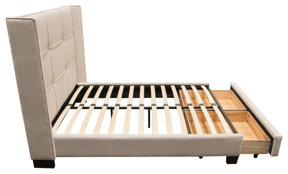 Queen Bed With Integrated Footboard Storage Unit and Accent Wings, Sand Fabric