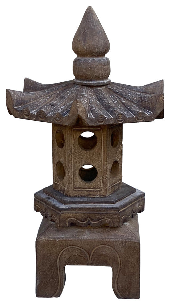 Chinese Gray Brown Hexagon Pagoda Top Stone Lamp Garden Lantern Hcs7376