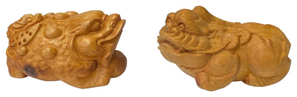Chinese Pair Wood Carved Mini Mythical Pixiu FengShui Figures Hws2367
