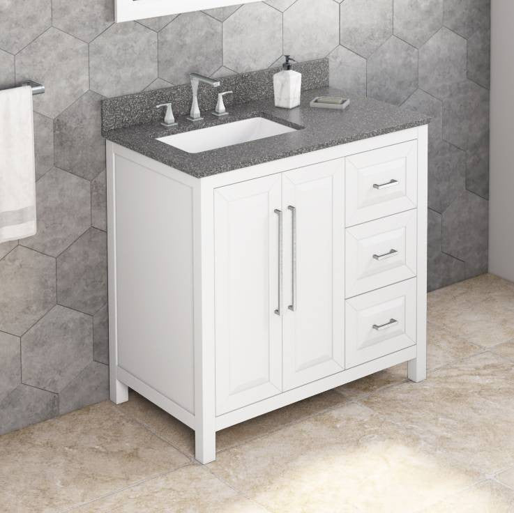 Cade Transitional 36" White Left Offset Sink Vanity, Boulder Vanity Cultured Mar
