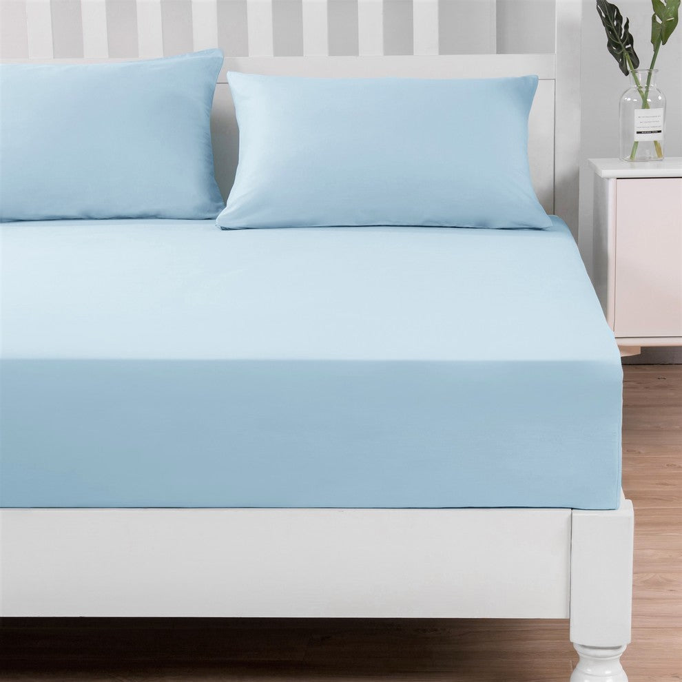 Soft Luxury Pastel Baby Blue Cotton Fitted Sheet & w/Pillow Cases Set, King