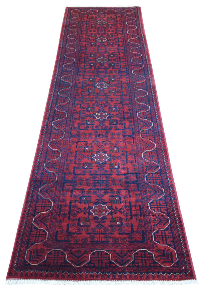 Deep And Saturated Red, Hand Knotted Afghan Khamyab Wool Runner Rug, 2'7"x9'7"