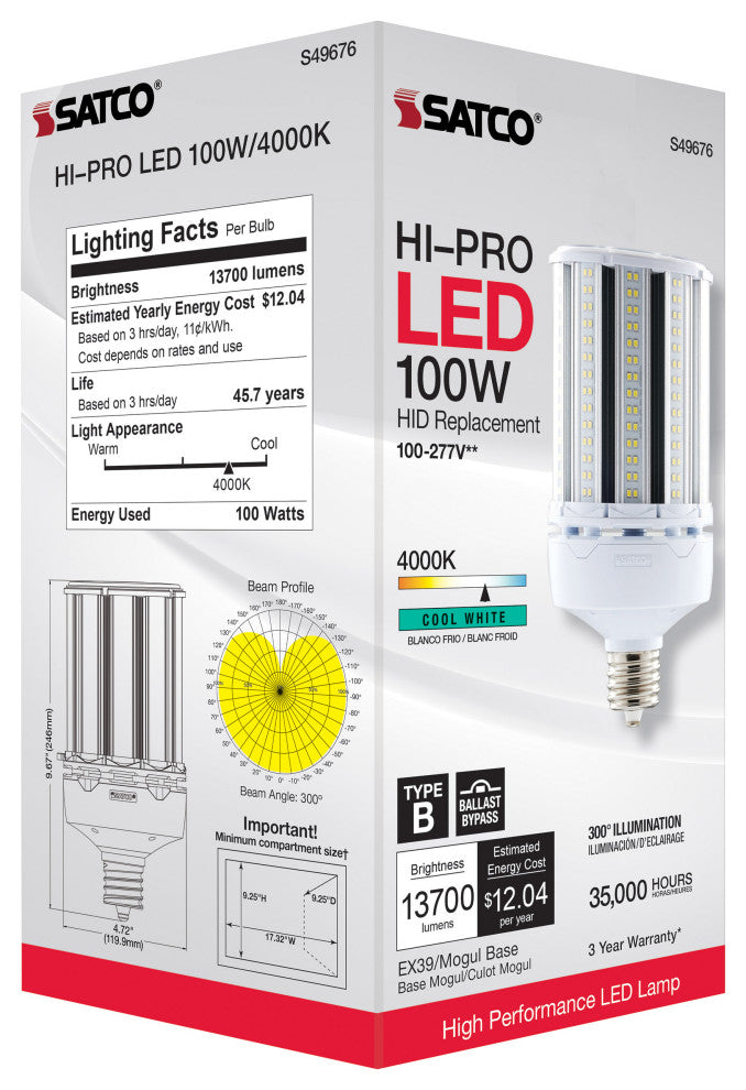 100W LED HID Replacement, 4000K, Extended Mogul Base, Type B Ballast Bypass