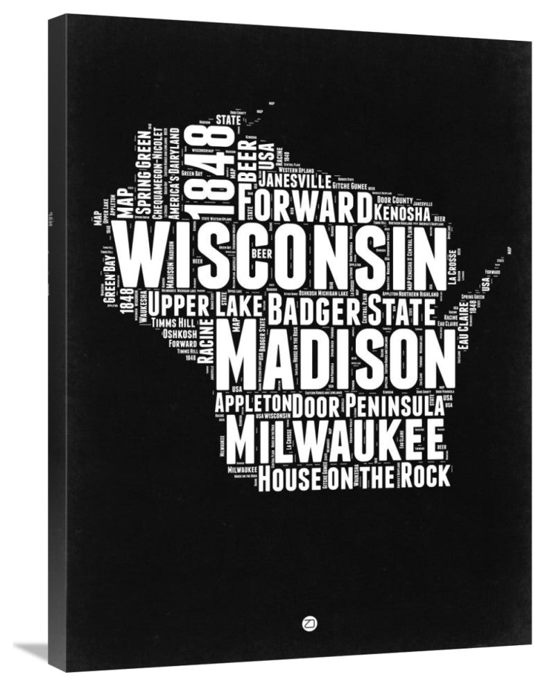 "Wisconsin Black and White Map" Fine Art Print